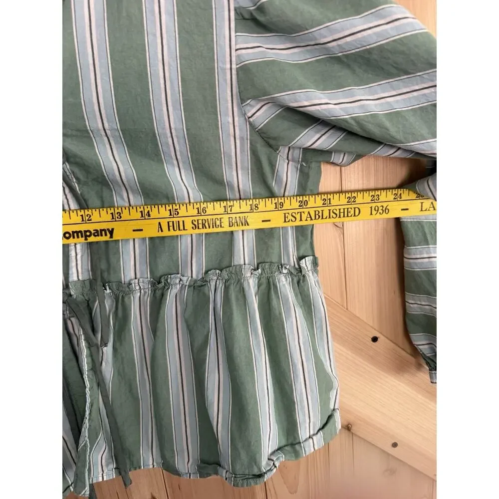 Free People Brunch Babe White Spruce Stripe Tie Front Peplum Boxy Crop Top Sz M